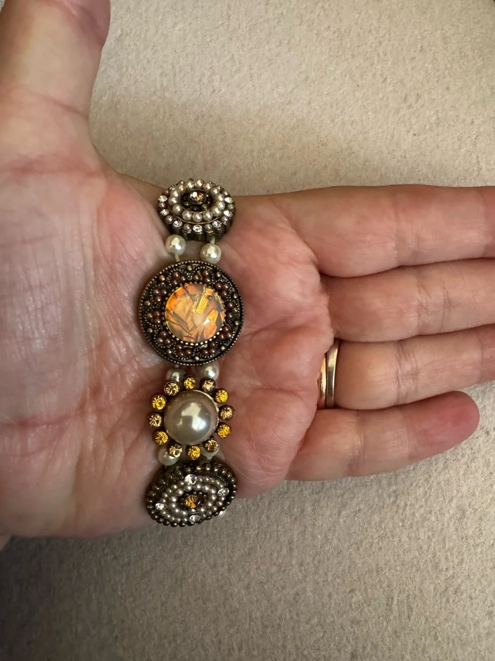 Gold and Pearl Crystal Statement stretch Bracelet